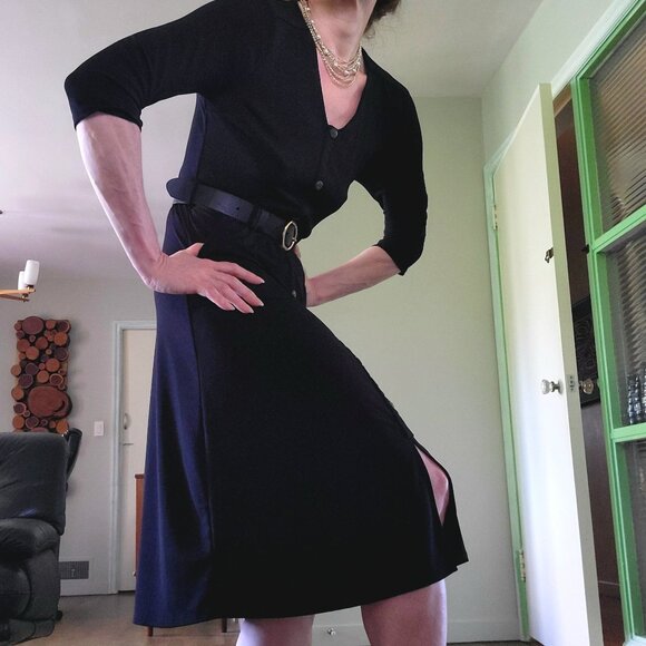 Monteau | Black V-Neck Faux Button A Line Midi Dress | L - Picture 1 of 10